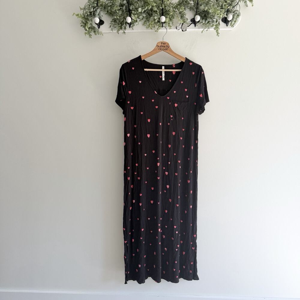 Soma Modal Rayon Black Red Heart Pint Maxi Sleep Night Gown Cool Night LL70